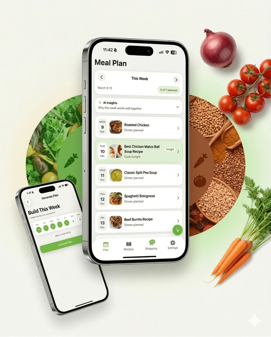 HelloMealio landing collage with planning and meal plan screens
