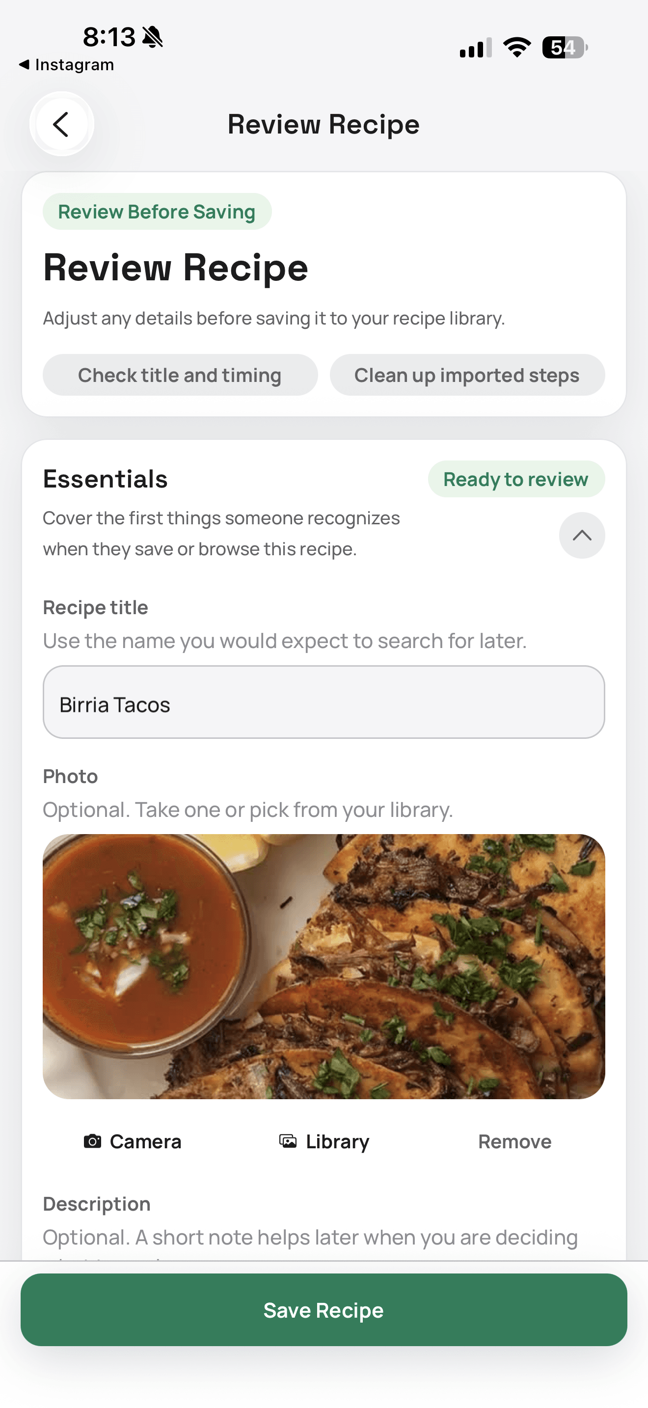 Review Recipe screen: an imported Birria Tacos recipe with its photo, title, and details ready to adjust before saving to the shared library