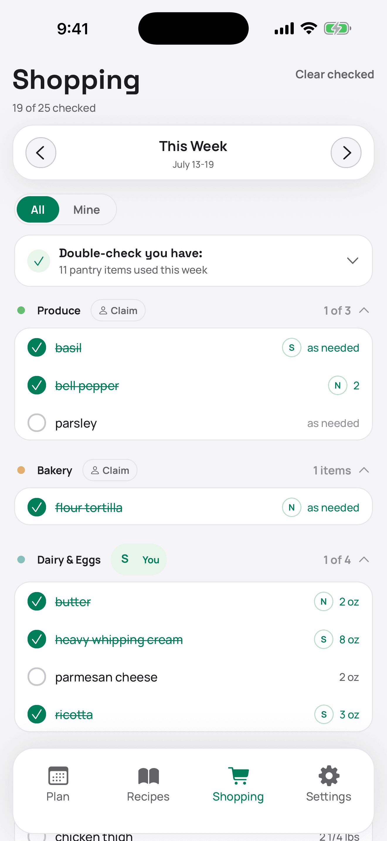 Your phone showing the shared grocery list: aisles you can claim, per-aisle counts, and initials on every checked item