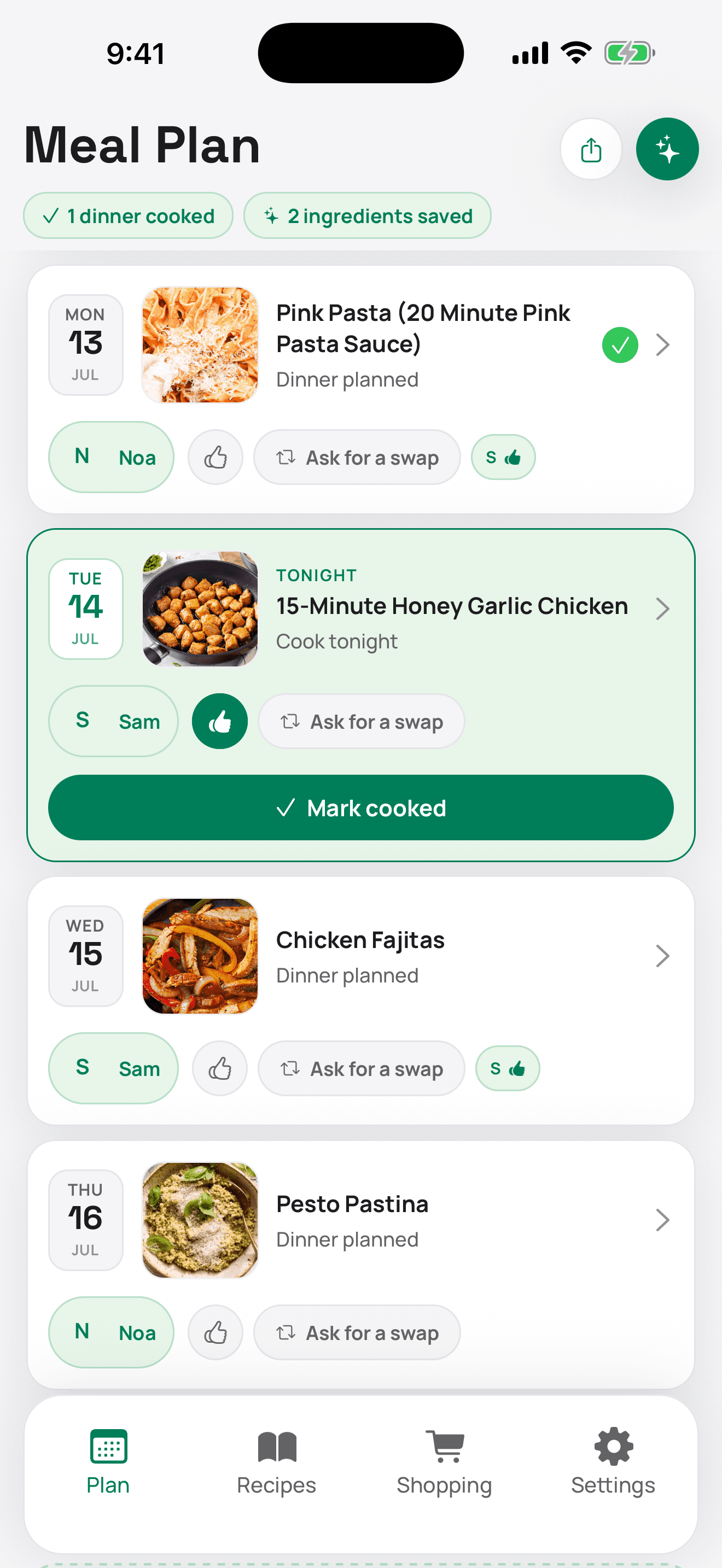 HelloMealio's shared weekly meal plan: dinners assigned to each of you, with thumbs-up reactions and an Ask for a swap button on every night